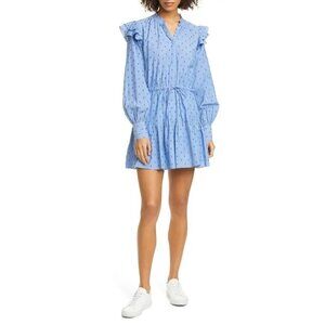 JOIE Monesa Ruffle Cotton Dress  Size Large Denim Chambray Long Sleeves Blue New